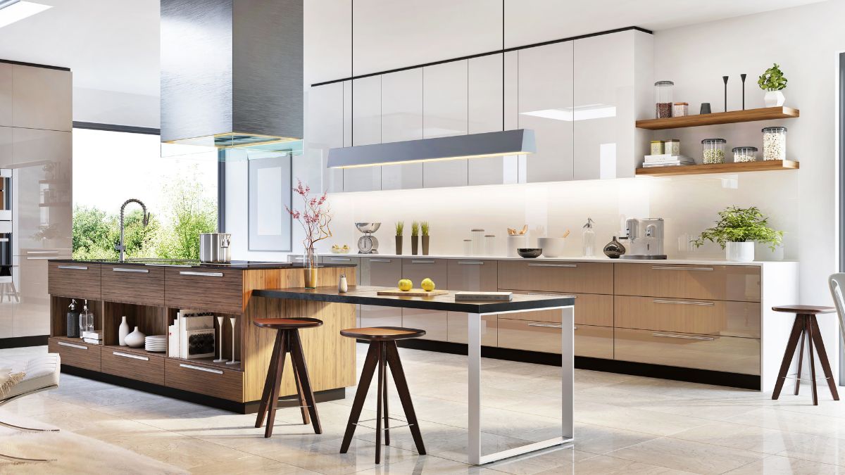 Contemporary kitchen design with wooden cabinetry and a large island, perfect for improving efficiency in 2025 remodels.